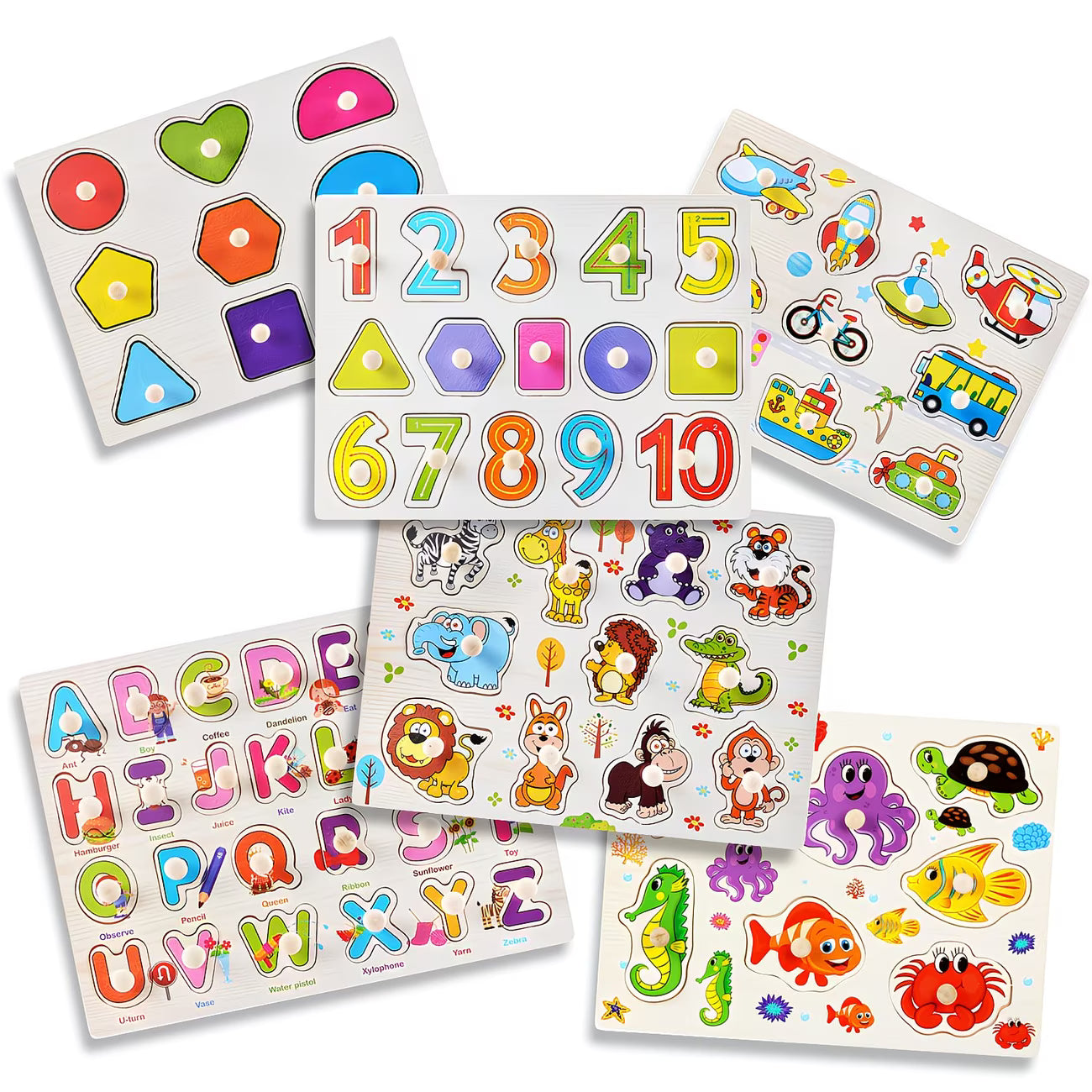 6 Pack Kids Wooden Learning Puzzles – ABC Letters, Numbers & Interlocking Vehicle Educational Toys-1