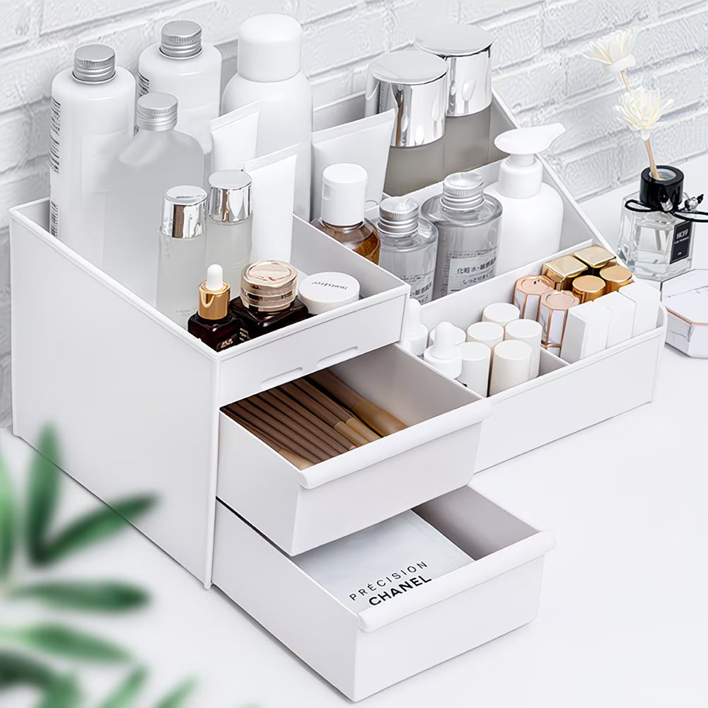 Makeup Organiser with Drawer – White Multifunctional Desk & Dresser Storage Container-4