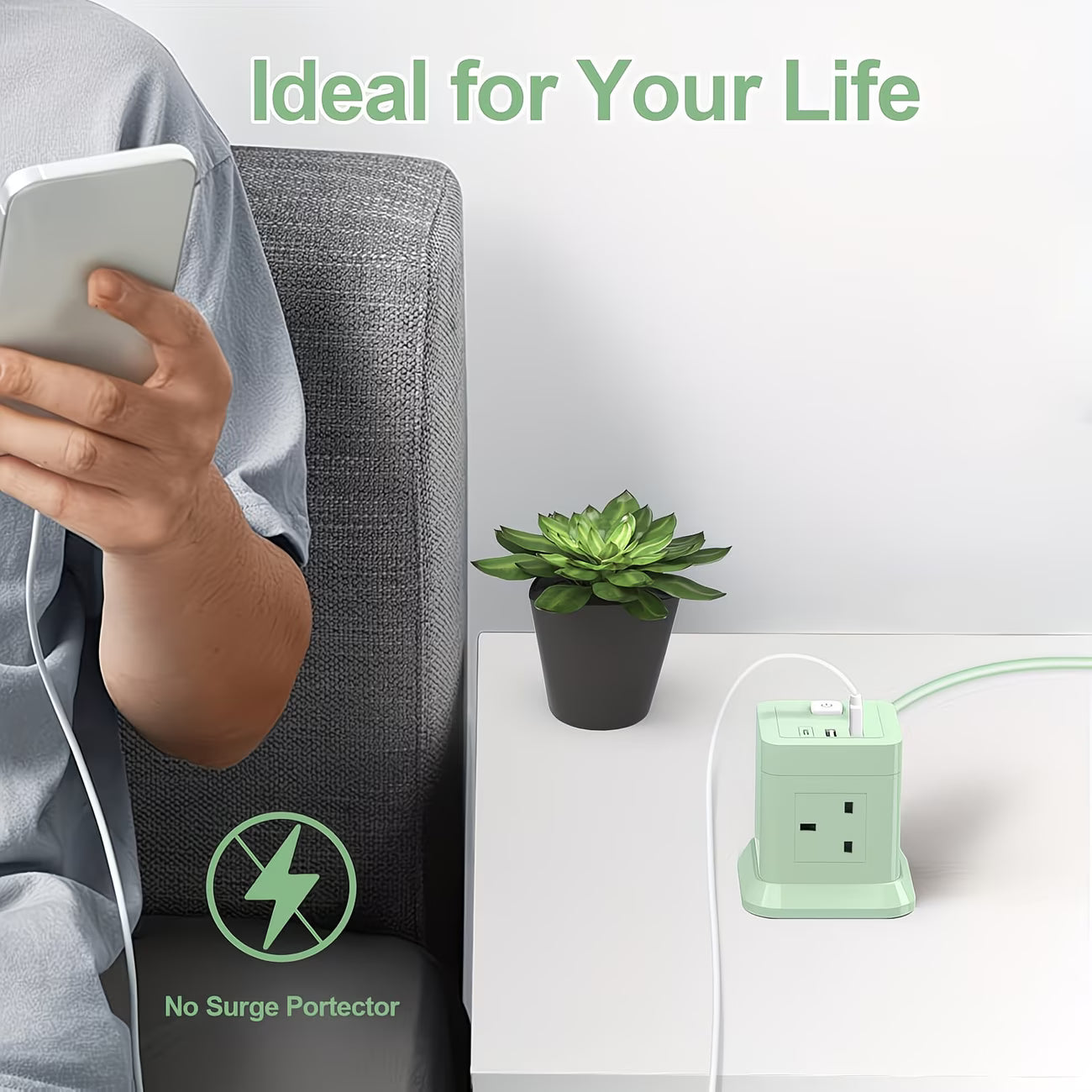 4-Way Power Strip with 3 USB Ports – Cube Extension Lead 5V/2.4A, Desktop Multi Plug Socket with 1.49m Cable for Home, Office & Dorm-3