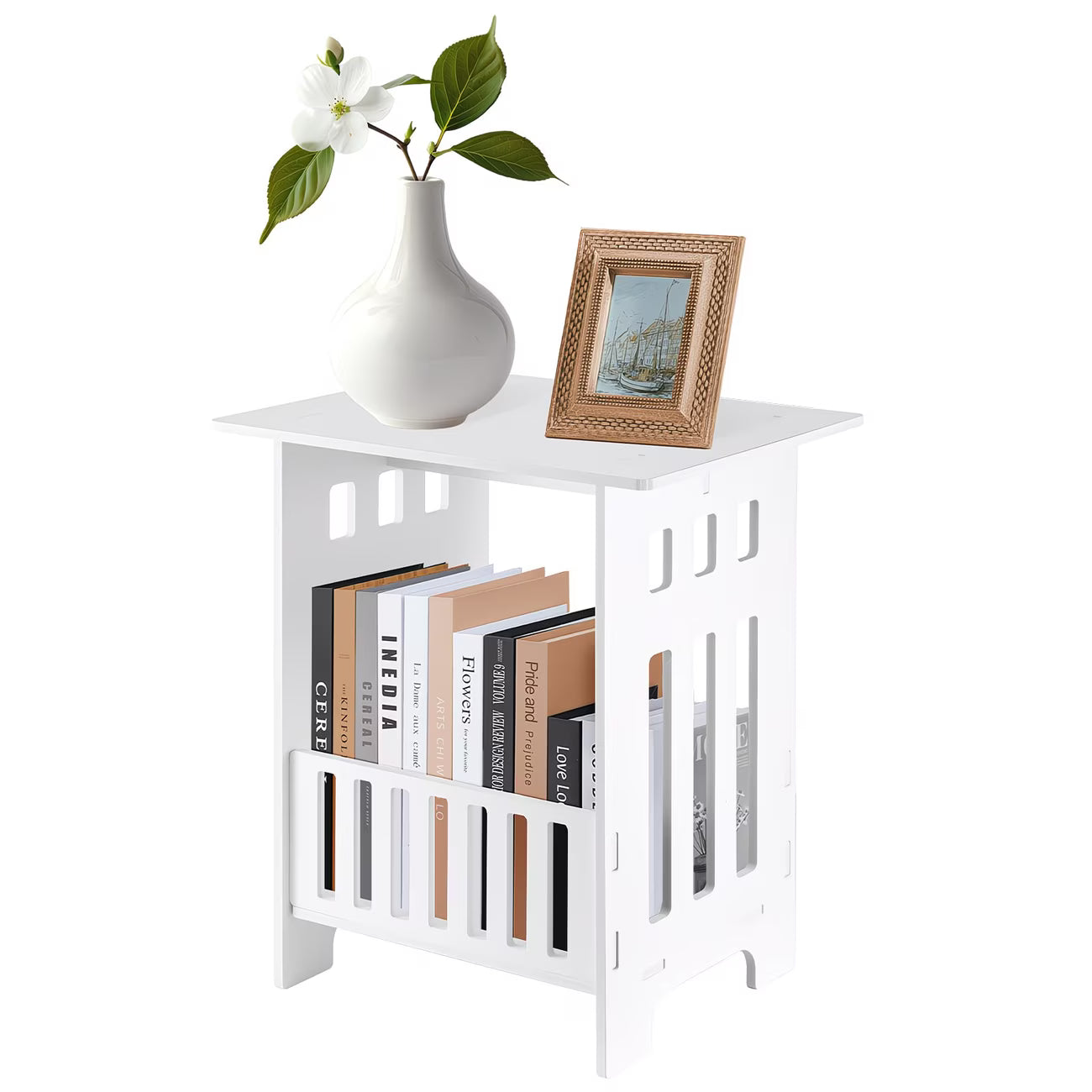 Small White Side Table with Storage Shelf – Modern End Table for Bedroom & Living Room