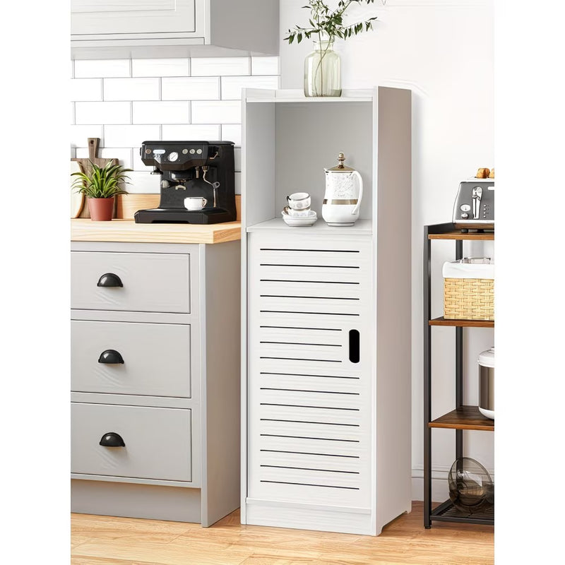 3-Tier Bathroom Storage Cabinet White – Freestanding Wood-Plastic Organizer with Slatted Doors & Open Shelf-7
