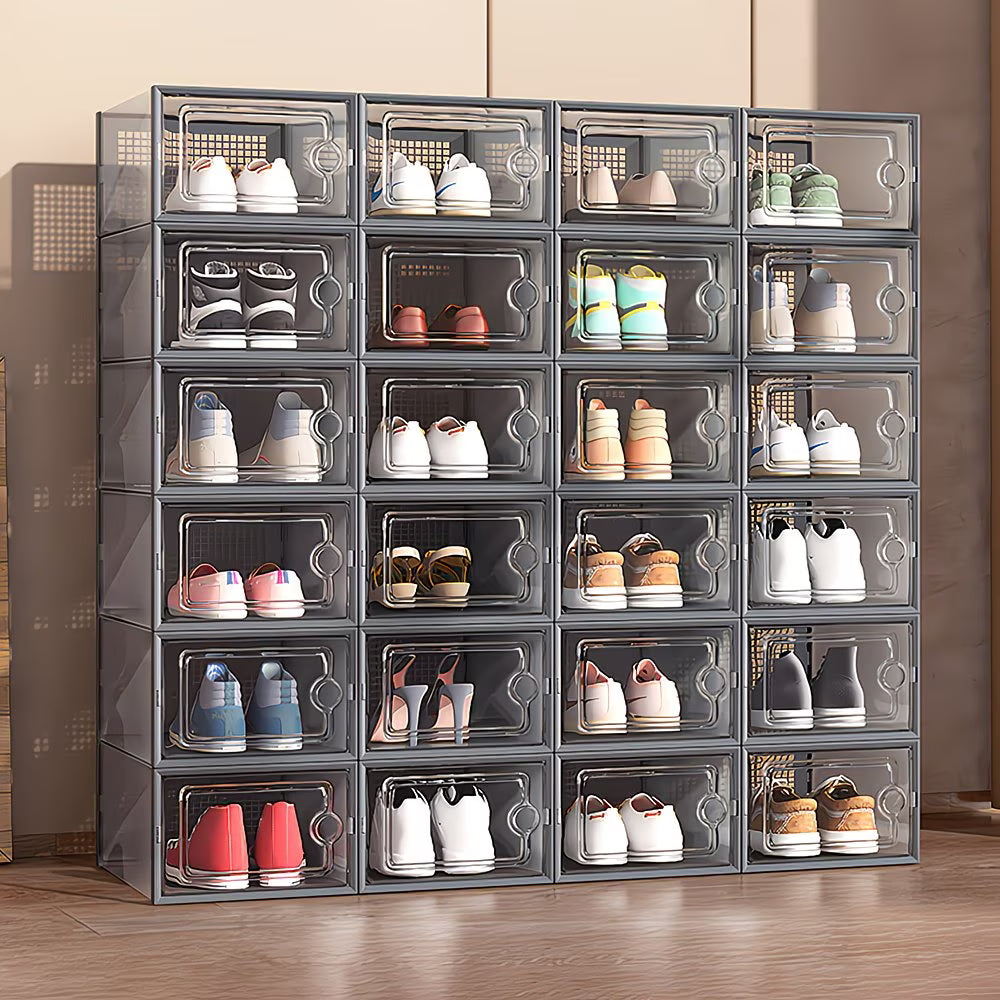 Pack of 12 Stackable Shoe Storage Boxes with Clear Front Door – Space Saving Organisers UK 9.5