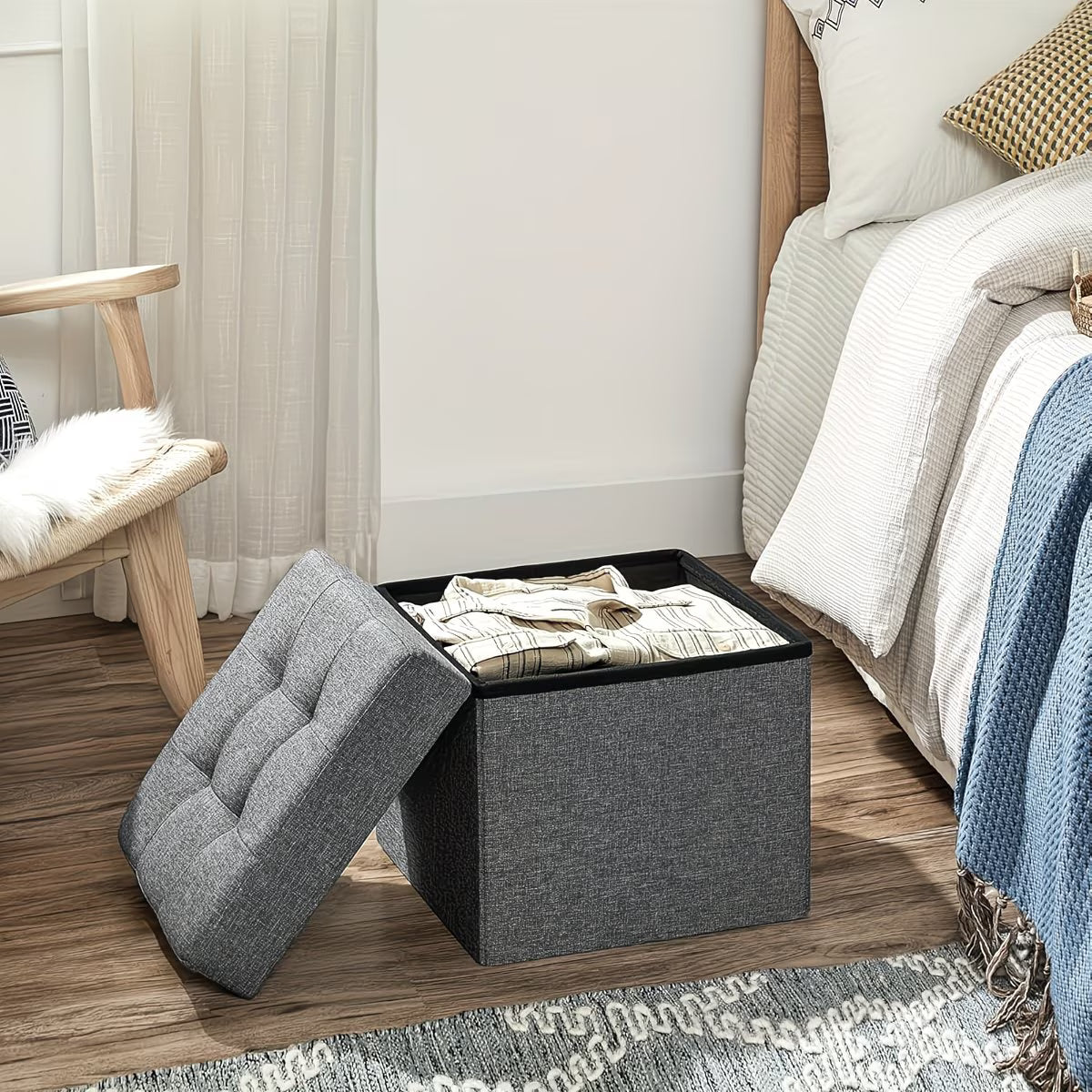 Foldable Storage Stool Bench with Padded Seat & Lid – 40L Heavy-Duty Ottoman Chest for Bedroom, Hallway & Living Room-3