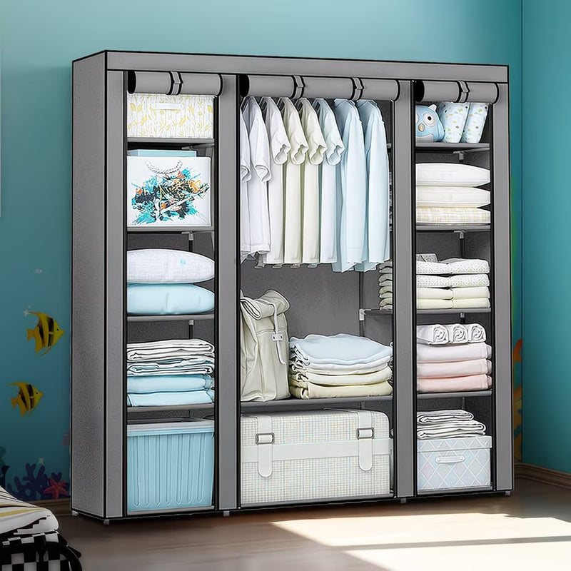 Fabric Canvas Wardrobe with Hanging Rail – Foldable Clothes Storage Cupboard for Bedroom-9