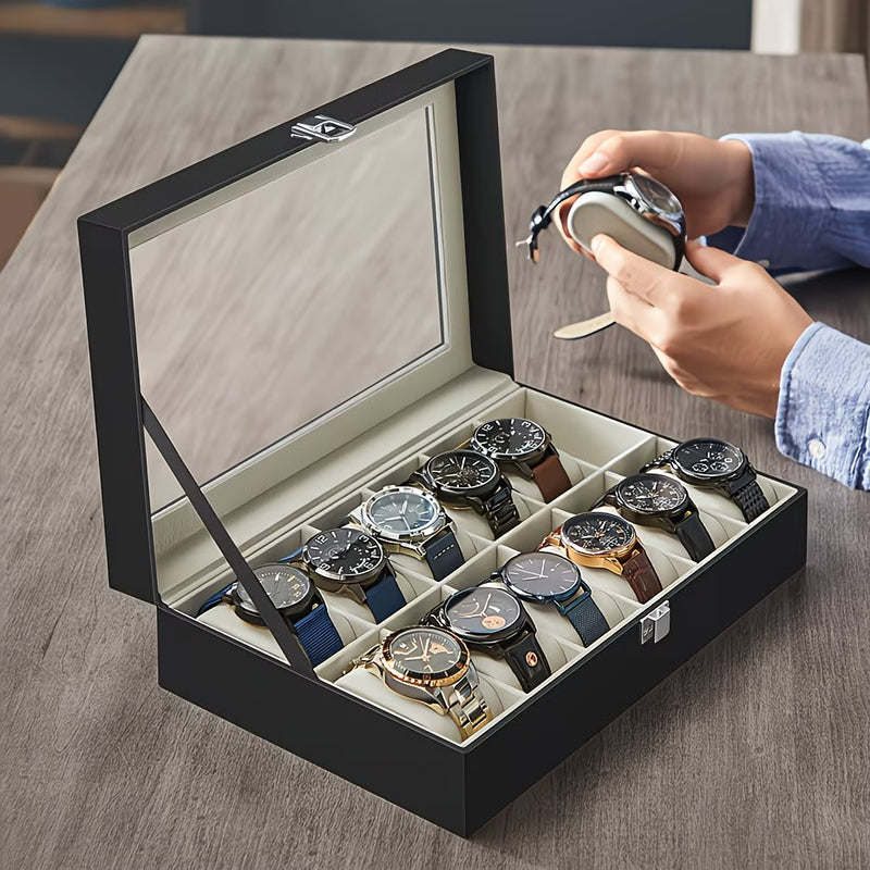 12 Slot Watch Storage Box – Black Faux Leather Display Case with Glass Lid & Removable Cushions-4