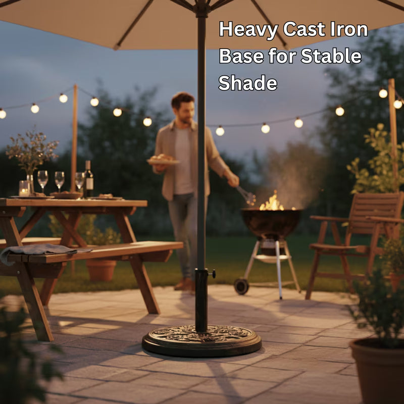 9kg Garden Parasol Base Cast Iron Effect Floral Rose Design Heavy Duty Outdoor Umbrella Stand-2