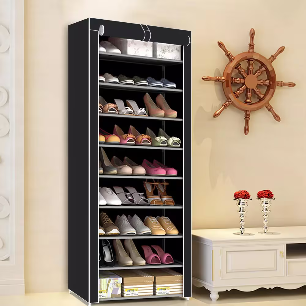 10 Tier Shoes Rack with Dustproof Cover, Shoe Storage Cabinet, Shoe Organizer, Easy to Assemble, Hold up to 25-30 Pairs