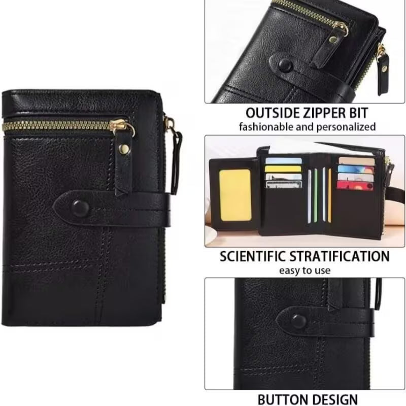 Women’s Black PU Leather Zip Clutch Wallet – 8 Card Slots, Coin Purse & ID Holder (15x10cm)-8