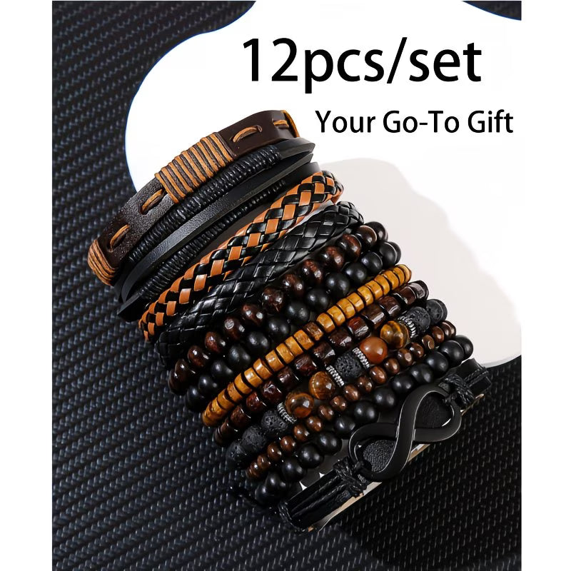 12PCS Men’s Bohemian Bracelet Set – Vintage Faux Leather & Tiger Eye Beaded Stackable Bracelets, Trendy Boho Jewelry-4