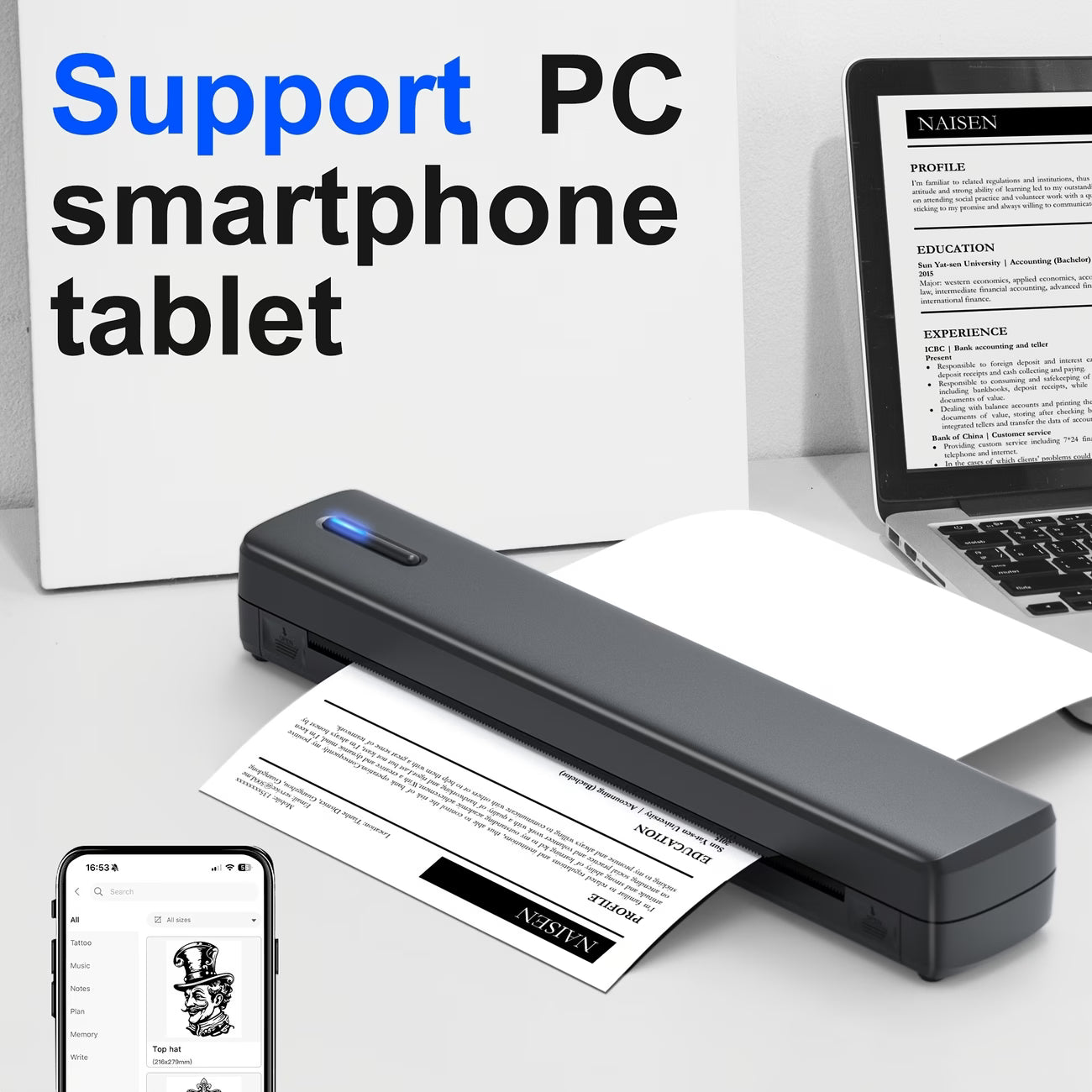 D810B Portable Inkless Wireless Printer – A4 Thermal Tattoo Printer for Mobile, iPad & PC | Travel Compact Printer for Home & Office