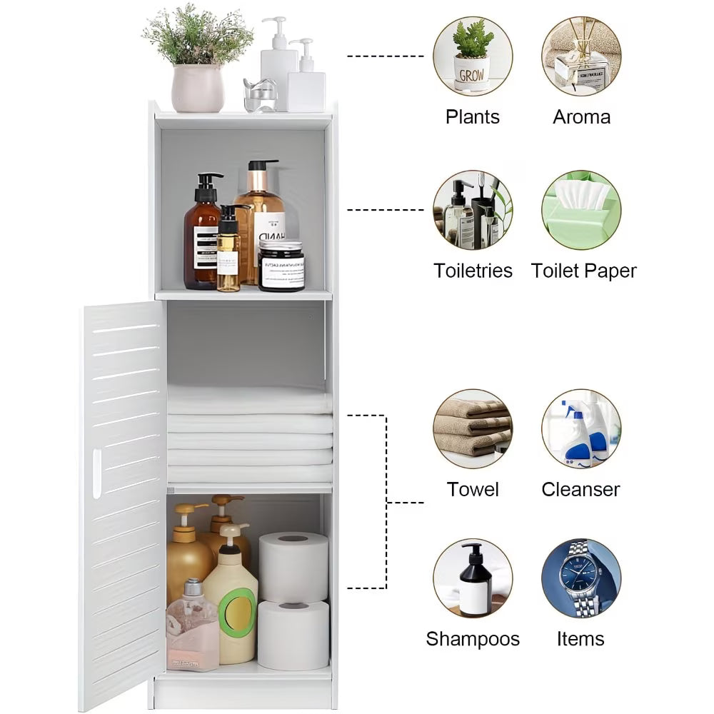 3-Tier Bathroom Storage Cabinet White – Freestanding Wood-Plastic Organizer with Slatted Doors & Open Shelf