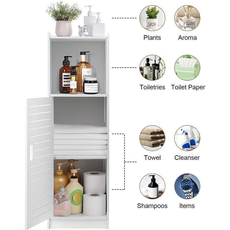 3-Tier Bathroom Storage Cabinet White – Freestanding Wood-Plastic Organizer with Slatted Doors & Open Shelf-2