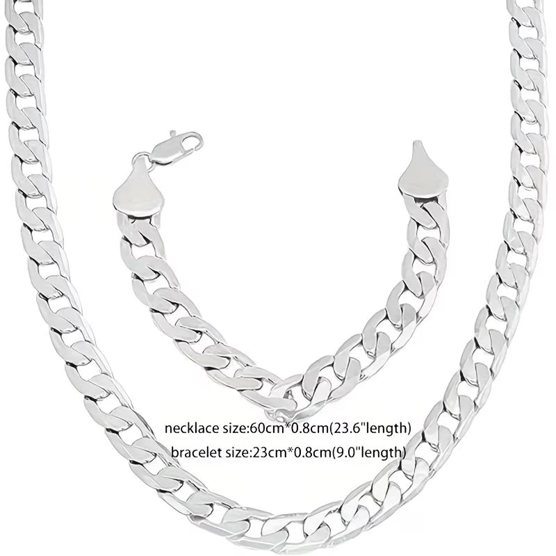 925 Sterling Silver Cuban Chain Necklace & Bracelet Set – 9mm Polished Flat Link Unisex Streetwear Jewelry with Gift Box-4