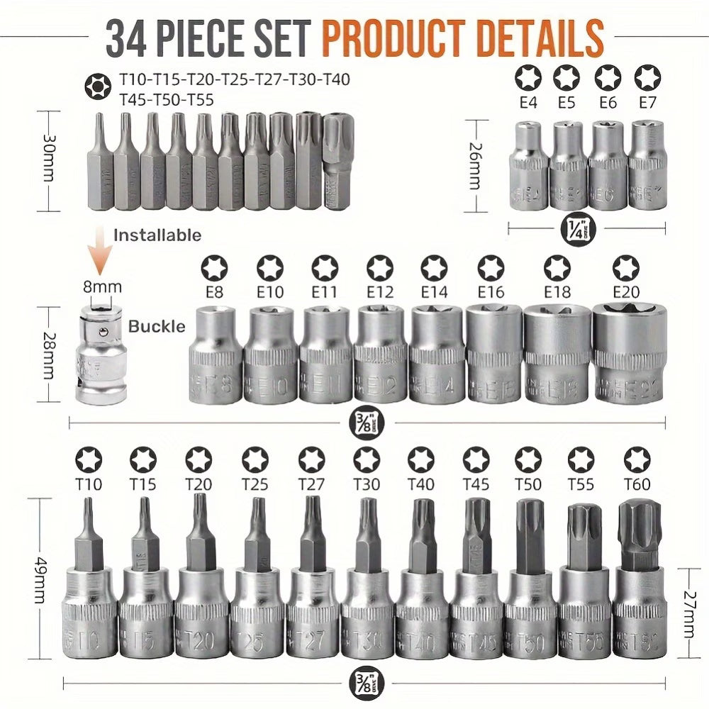 34 Piece E Torx Socket Set Chrome Vanadium Star Bit Tool Kit with Case for Auto Repair-6