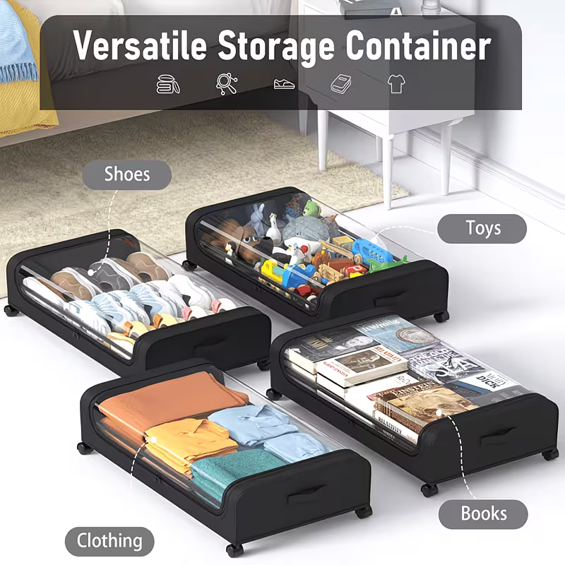 2-Pack Underbed Storage Boxes with Wheels & Lid – 48L Foldable Metal Frame Bed Storage Organiser for Clothes, Shoes & Bedding-4
