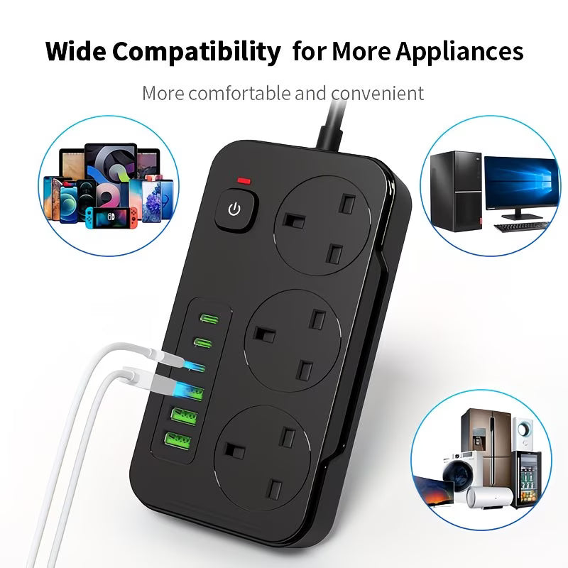 3-Outlet UK Power Strip with 3 USB-A & 3 USB-C Ports – 1.8m Extension Cord, 220-240V-2
