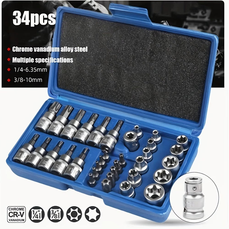 34 Piece E Torx Socket Set Chrome Vanadium Star Bit Tool Kit with Case for Auto Repair-1
