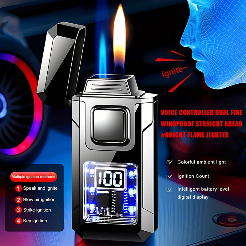 Smart Dual Flame Butane Lighter – Voice & Gravity Ignition, Windproof Torch Lighter with Battery Indicator & LED Lights (No Gas Included)-4