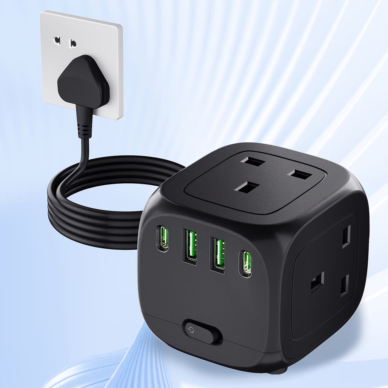 HULKER P34 UK Extension Lead 3 Way Power Strip with 4 USB Ports 13A Surge Protector 1.5m Cable