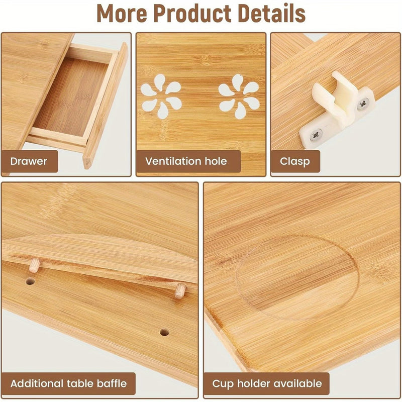 Foldable Bamboo Laptop Bed Table with Drawer – Adjustable Portable Laptop Tray for Bed, Sofa & Breakfast Use (50x30cm)-7