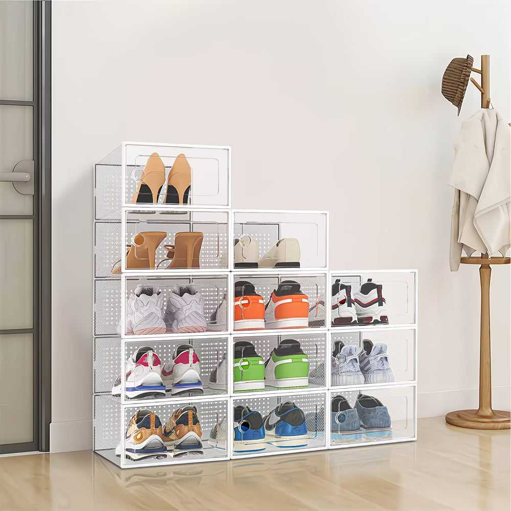 Pack of 12 Stackable Shoe Storage Boxes with Clear Front Door – Space Saving Organisers UK 9.5-16