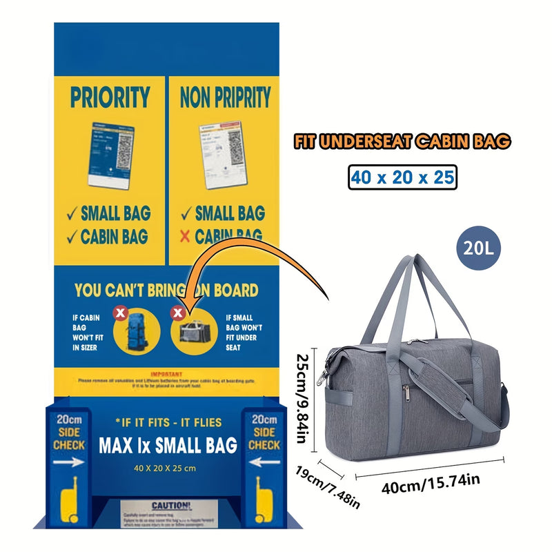 Cabin Bag 20L Underseat Travel Duffel – Lightweight Foldable Holdall with 6+1 Pockets & Detachable Strap 40x20x25-6