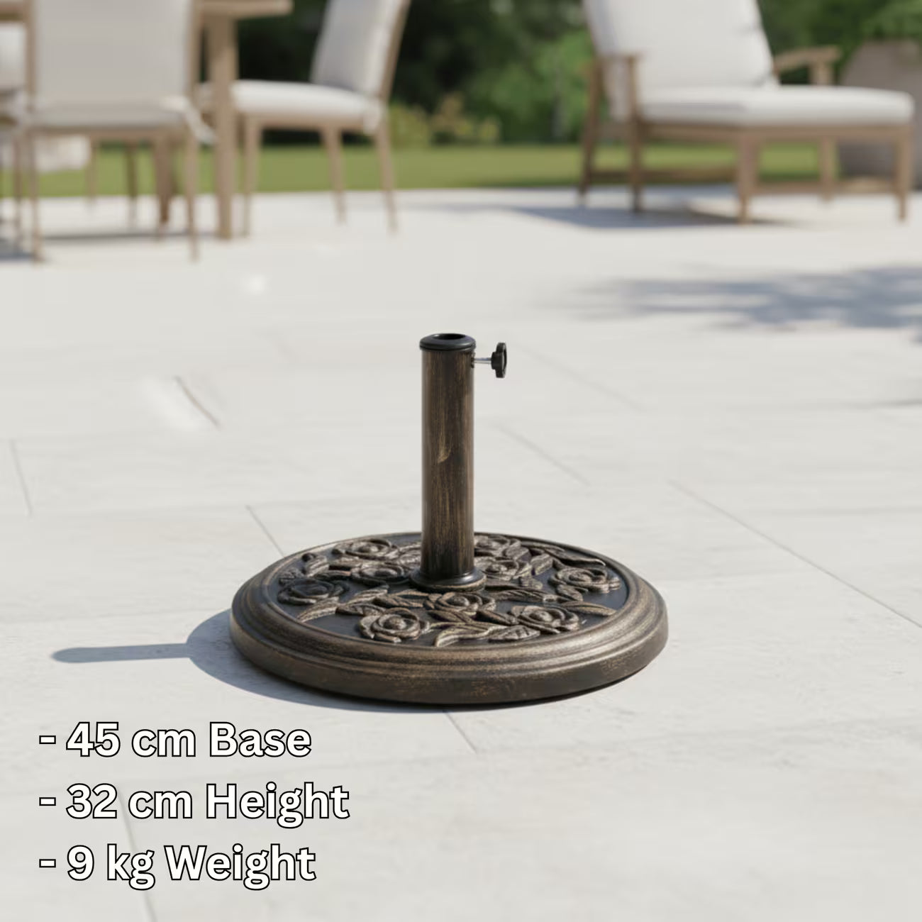 9kg Garden Parasol Base Cast Iron Effect Floral Rose Design Heavy Duty Outdoor Umbrella Stand-3