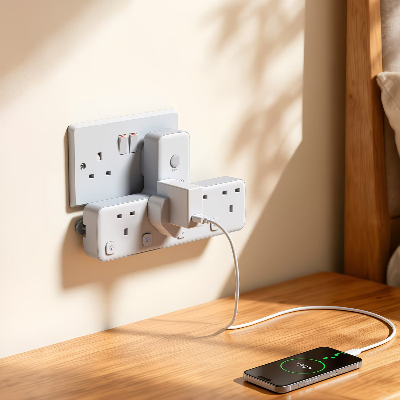 4 Way T-Shape UK Plug Adapter – 3250W Power Extension with 4 AC Outlets, LED Switches &amp; 180° Rotating Wall Socket-2