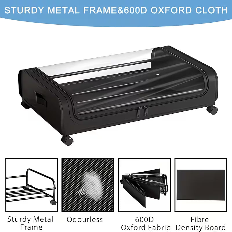 2-Pack Underbed Storage Boxes with Wheels & Lid – 48L Foldable Metal Frame Bed Storage Organiser for Clothes, Shoes & Bedding-8
