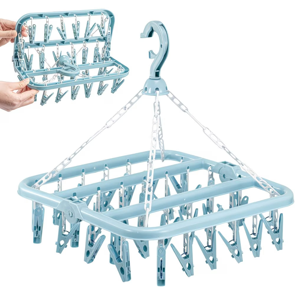Foldable Sock Dryer Hanger with 32 Clips – 360° Rotating Laundry Drying Rack, Space-Saving Clothes Airer (Blue)