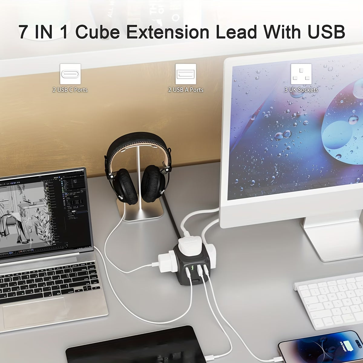HULKER P34 UK Extension Lead 3 Way Power Strip with 4 USB Ports 13A Surge Protector 1.5m Cable-4