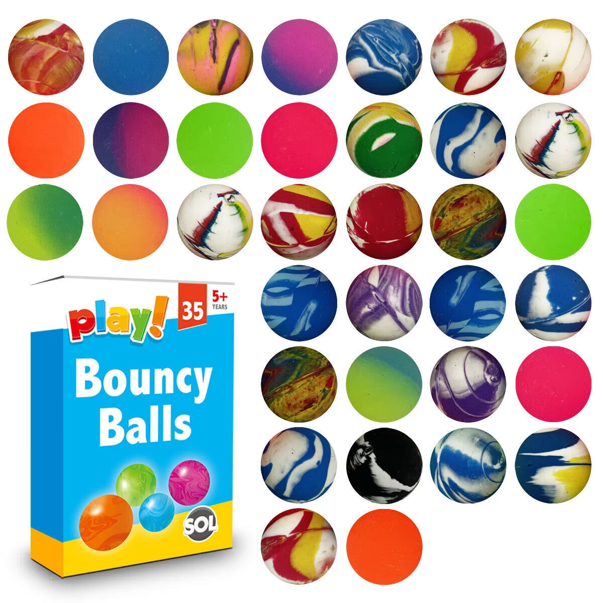 35 or 70 Pack Rubber Bouncy Balls 24mm Kids Party Bag Fillers Colourful High Bounce Toy Set