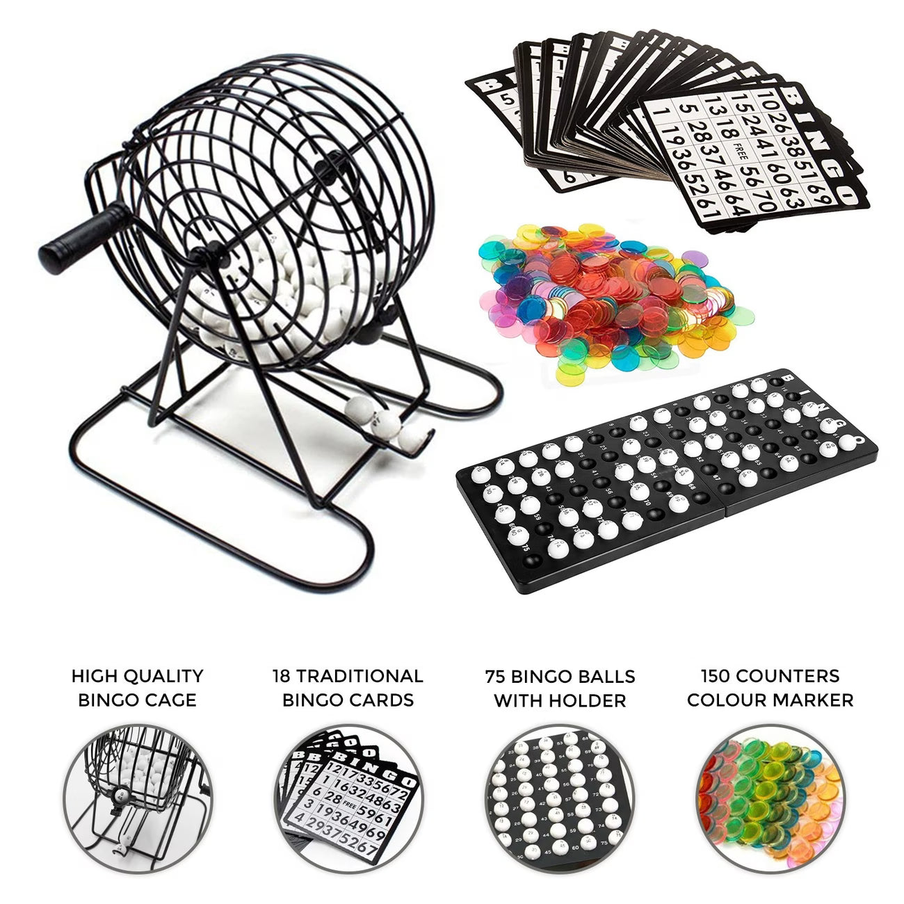 Bingo Game Set Metal Cage with 75 Balls 18 Cards 150 Chips Family Party Game-4