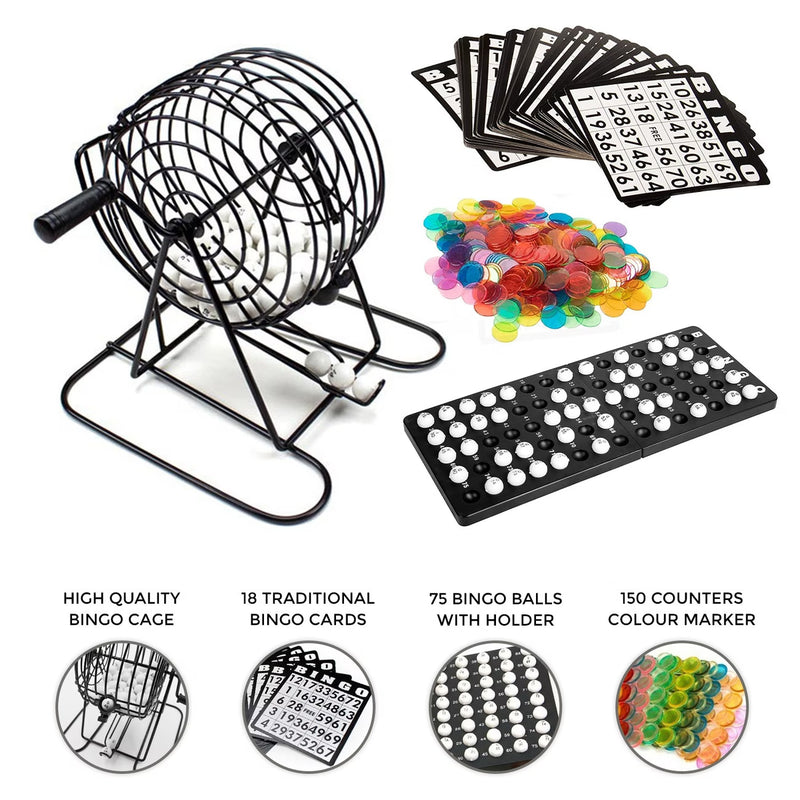 Bingo Game Set Metal Cage with 75 Balls 18 Cards 150 Chips Family Party Game-4
