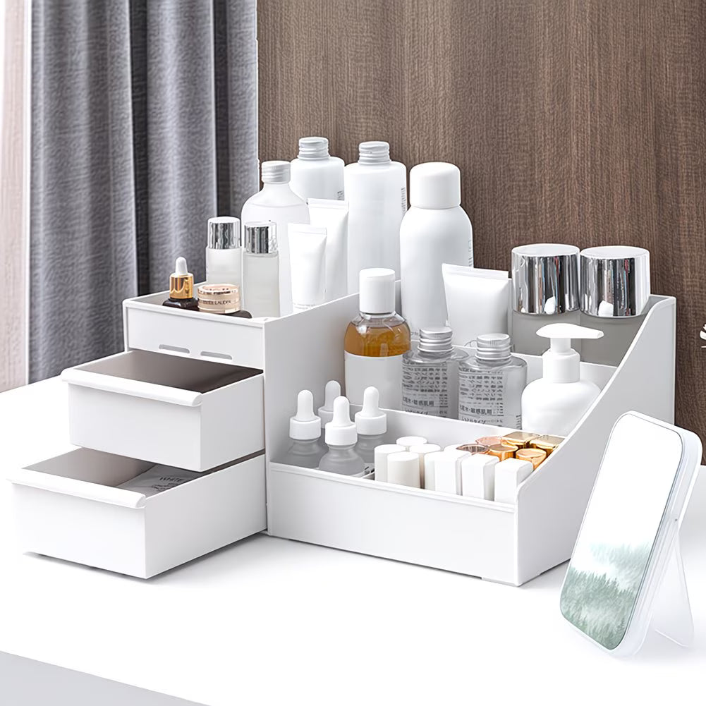 Makeup Organiser with Drawer – White Multifunctional Desk & Dresser Storage Container-5