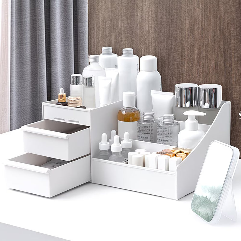 Makeup Organiser with Drawer – White Multifunctional Desk & Dresser Storage Container-5