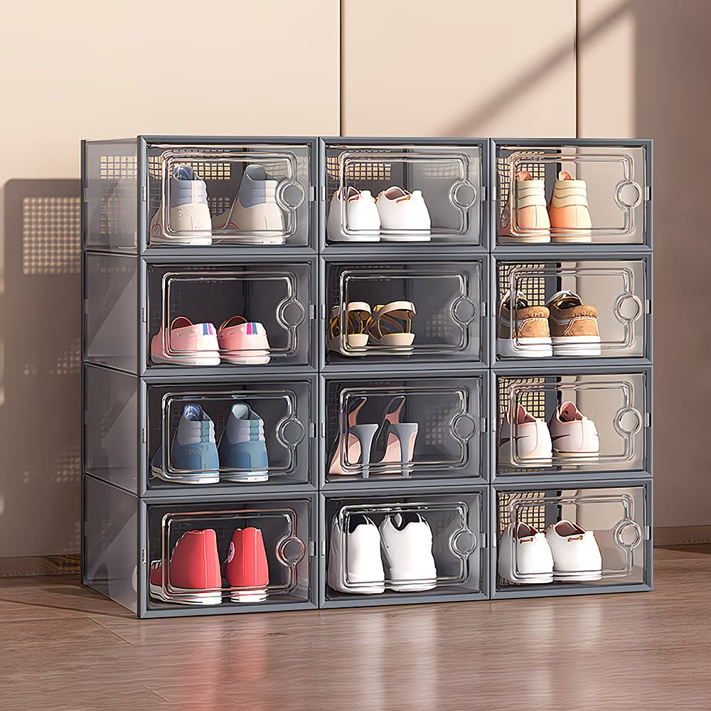 Pack of 12 Stackable Shoe Storage Boxes with Clear Front Door – Space Saving Organisers UK 9.5-15