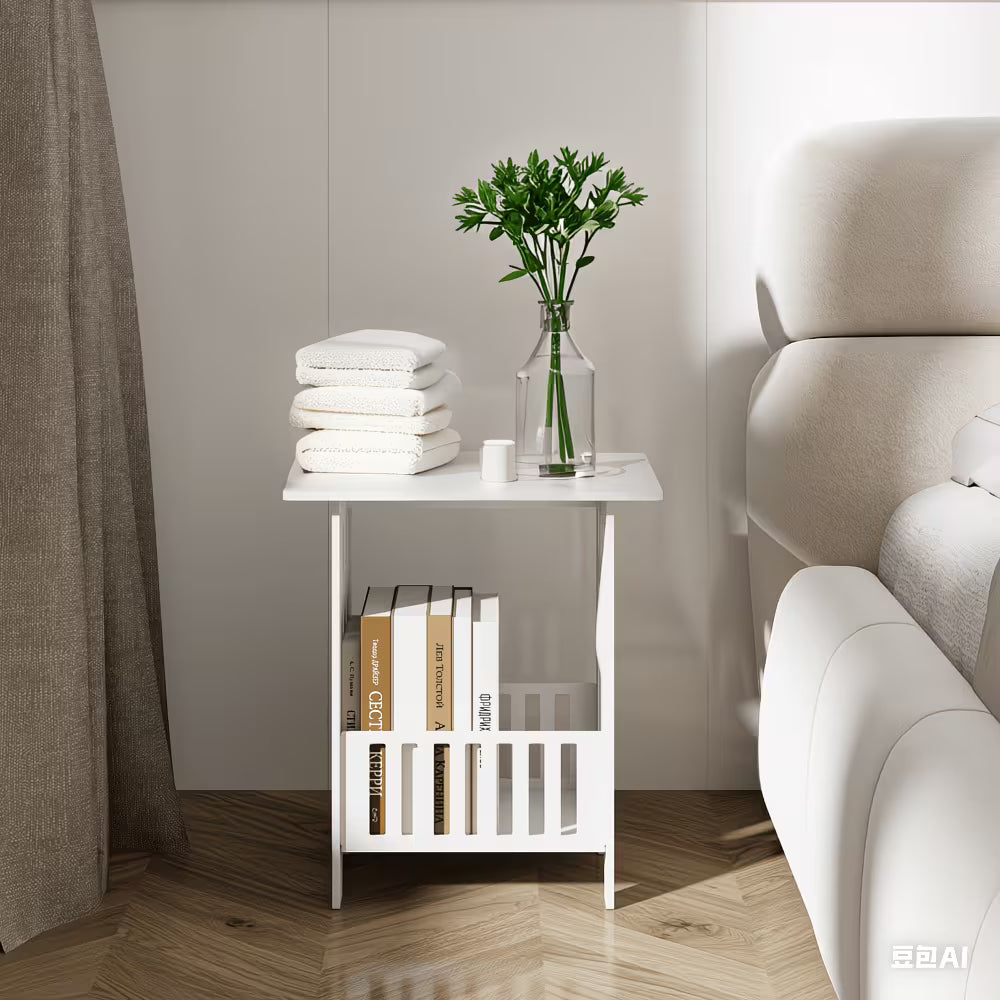 Small White Side Table with Storage Shelf – Modern End Table for Bedroom & Living Room-7