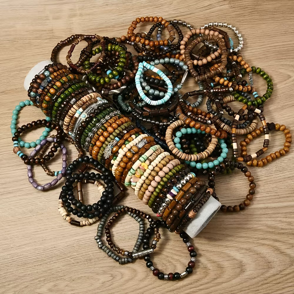 36pcs Bohemian Beaded Bracelet Set – Handmade Wooden & Zinc Alloy Bracelets for Men & Women | Adjustable Fashion Jewelry Gift Set-5