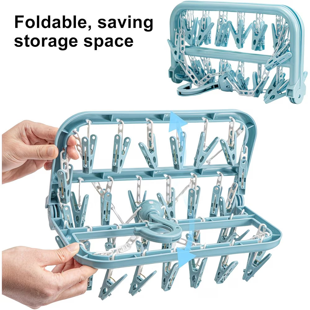 Foldable Sock Dryer Hanger with 32 Clips – 360° Rotating Laundry Drying Rack, Space-Saving Clothes Airer (Blue)-5