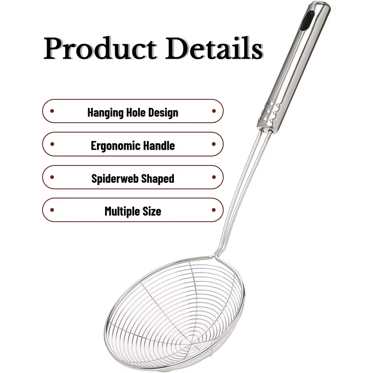 3pcs Stainless Steel Spider Strainer Set (15cm/17cm/19cm) Long Handle Skimmers for Frying & Pasta