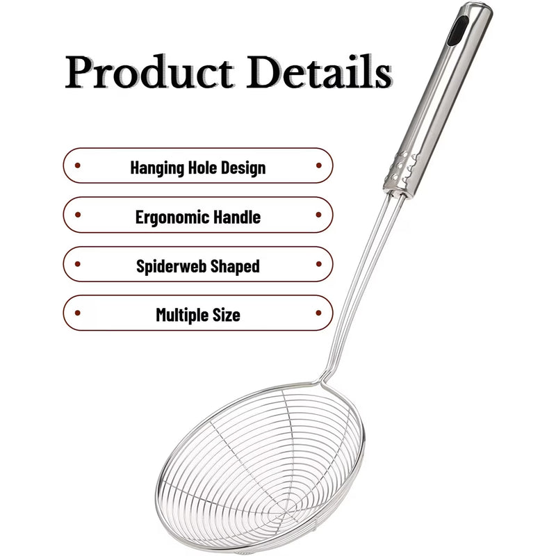 3pcs Stainless Steel Spider Strainer Set (15cm/17cm/19cm) Long Handle Skimmers for Frying & Pasta-2