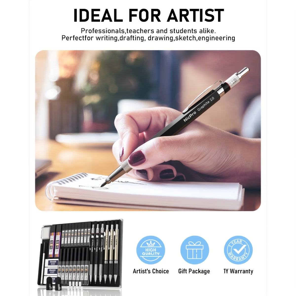 Professional Mechanical Pencil Set – 6pcs Drafting & Sketching Kit (0.5, 0.7, 0.9mm + 2mm Lead Holders) with 20 Tube Lead Refills for Art, Drawing & School-6