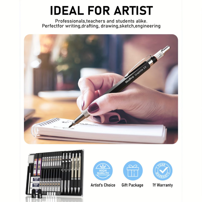 Professional Mechanical Pencil Set – 6pcs Drafting & Sketching Kit (0.5, 0.7, 0.9mm + 2mm Lead Holders) with 20 Tube Lead Refills for Art, Drawing & School-6