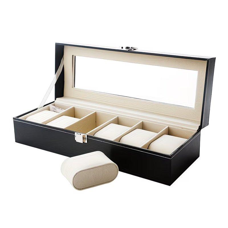 6 Slot Watch Storage Box with Glass Lid – PU Leather Watch & Jewellery Display Case for Men & Women-7