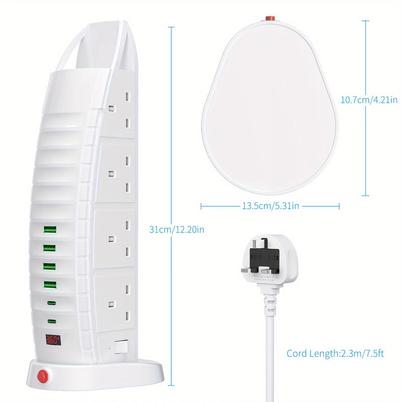 Tower Extension Lead 8 Way Sockets with 6 USB Ports 3.6A Vertical Power Strip 5m 3m 2m Cable TB01-3