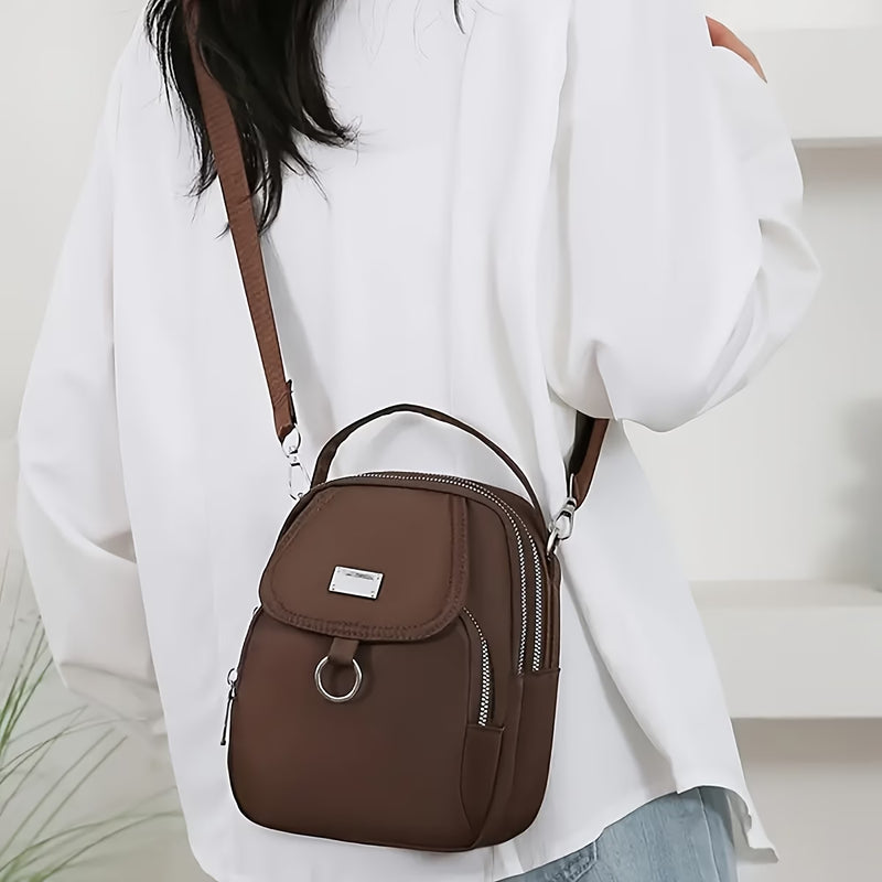 Multi-functional Small Square Oxford Cloth Crossbody Bag - Zipper Closure, Polyester Lining, Mixed Color Solid Pattern-5