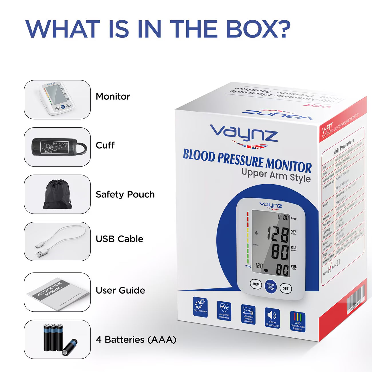 VAYNZ Smart Voice Blood Pressure Monitor Automatic Upper Arm BP Machine with Large Cuff & Memory-6