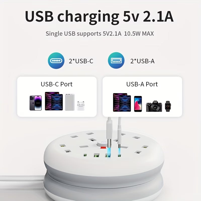 8 in 1 Power Strip Surge Protector 4 Sockets 4 USB Ports 2m Retractable Cord 13A 3250W Extension Lead-6