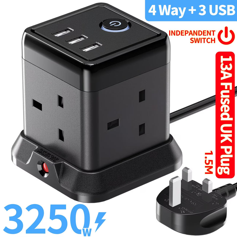 Cube Extension Lead 4-Gang with 3 USB Ports – 13A 3250W Power Strip with Switch, 1.5m Cable (Black)-4